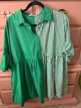 Petal & Pup Green Colorblock Striped Shirt Dress